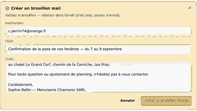 Fenêtre de validation d’un brouillon de mail : destinataire, objet et texte préremplis ; le brouillon est déposé dans Gmail, rien n’est envoyé sans un clic.