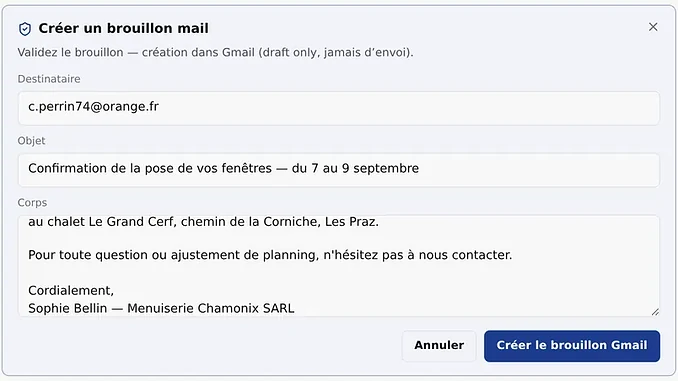 Fenêtre de validation d’un brouillon de mail : destinataire, objet et texte préremplis ; le brouillon est déposé dans Gmail, rien n’est envoyé sans un clic.