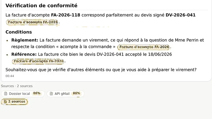 AroBox rapproche une facture d’acompte du devis signé : conformité, conditions de règlement et référence au devis, chaque conclusion renvoyant au document d’origine.