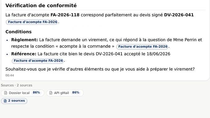 AroBox rapproche une facture d’acompte du devis signé : conformité, conditions de règlement et référence au devis, chaque conclusion renvoyant au document d’origine.