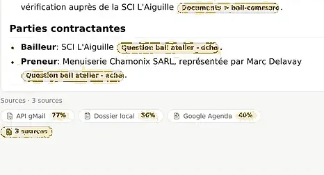 Réponse AroBox sur un bail commercial : chaque information cite sa source, et la liste en bas récapitule les trois origines — messagerie, dossier local, agenda — avec leur indice de confiance.