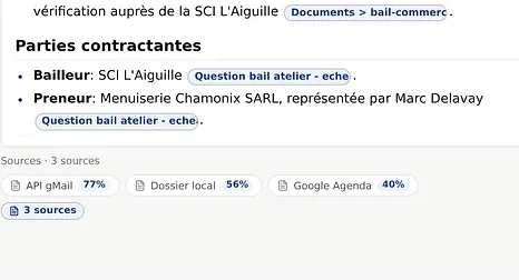 Réponse AroBox sur un bail commercial : chaque information cite sa source, et la liste en bas récapitule les trois origines — messagerie, dossier local, agenda — avec leur indice de confiance.