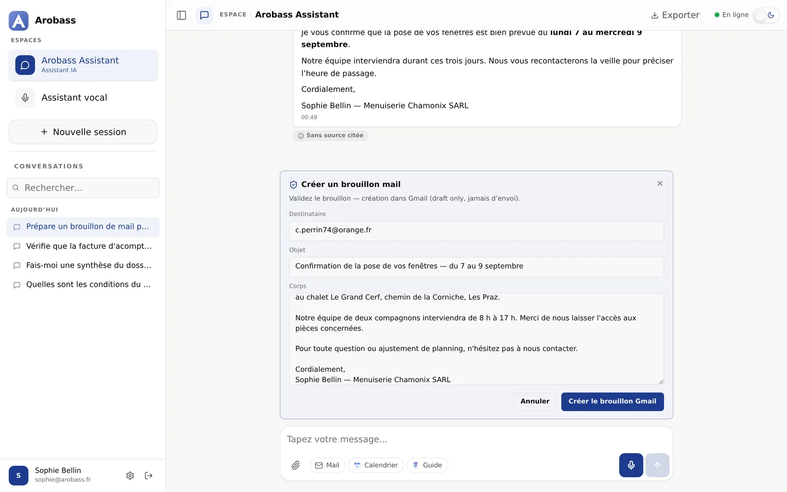 Carte Créer un brouillon mail Gmail, draft only, pour confirmation de pose de fenêtres