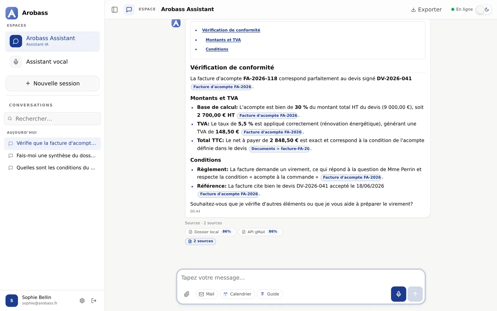 Vérification de conformité facture d’acompte et devis, sources dossier local et Gmail