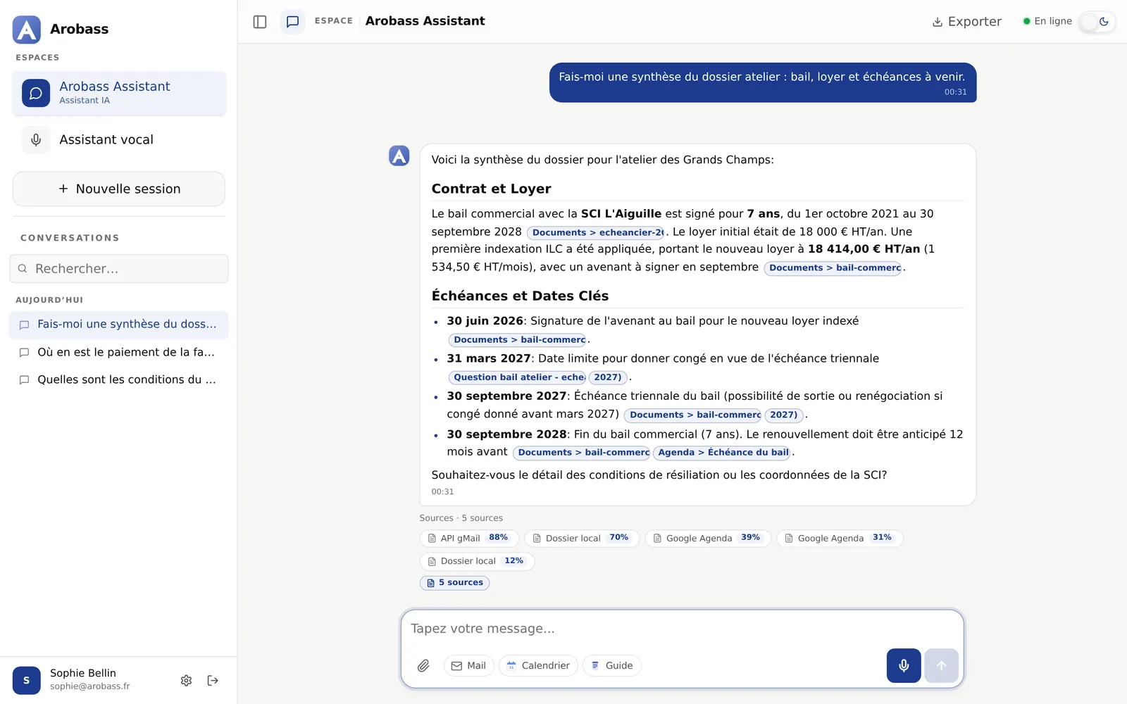 Synthèse du bail atelier : loyer, dates clés et sources citées